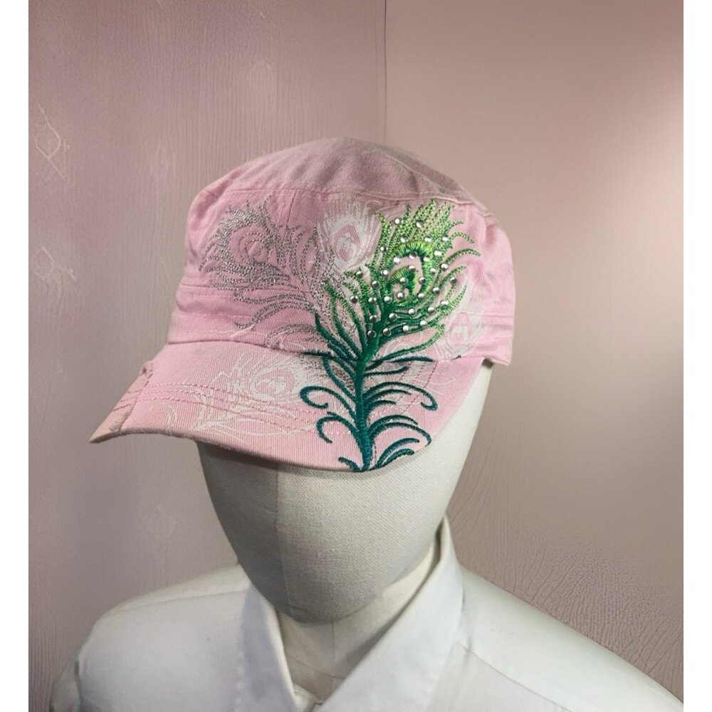 Women’s Leader original Vintage Hat Pink Distressed Feather Embroidered Bling